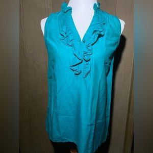 Ann Taylor Loft Silk Cotton Size S Ruffle Neck Blue Top Blouse Women Stylish